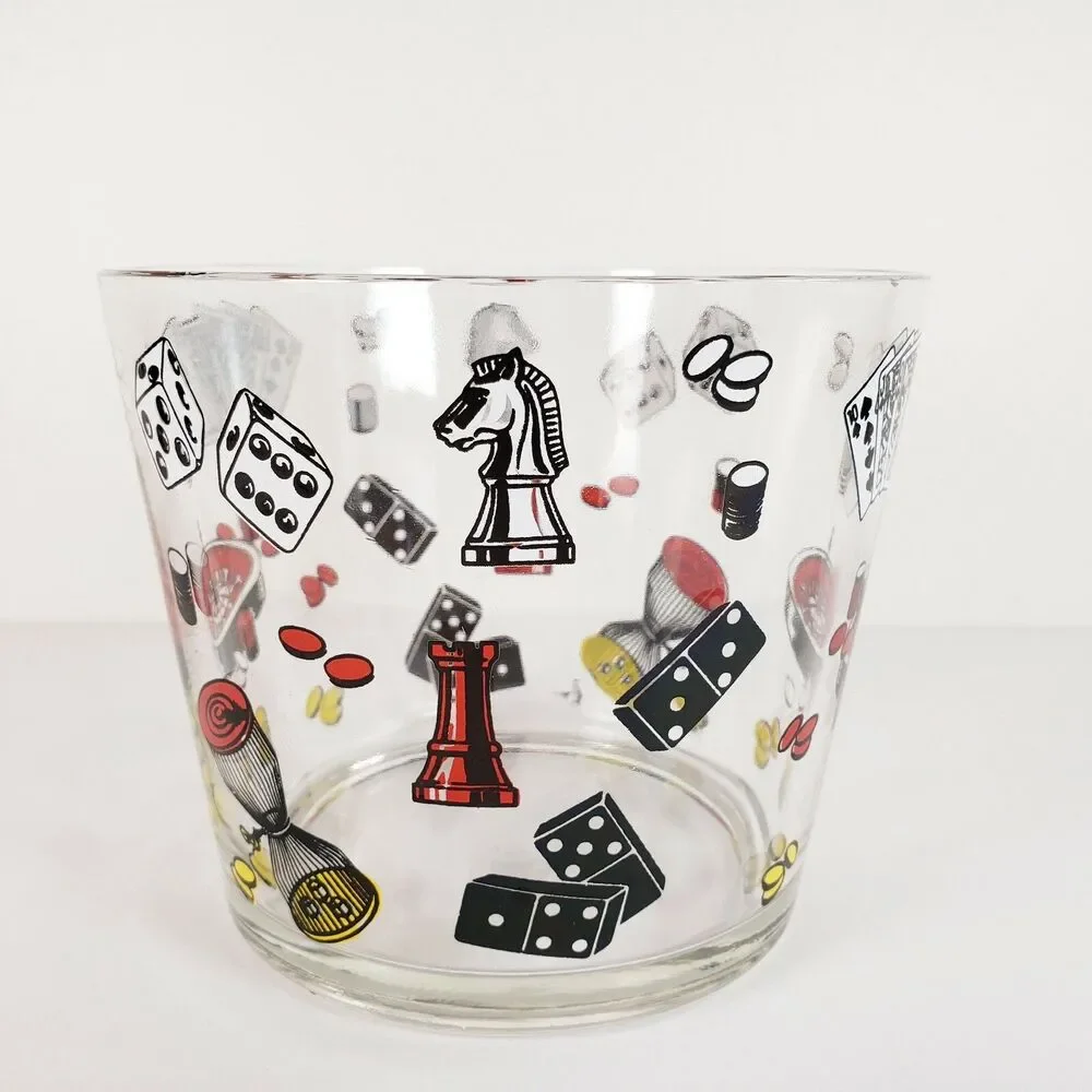 Vtg Clear Glass Ice Bucket Poker Chess Gambling Casino Theme Barware MCM